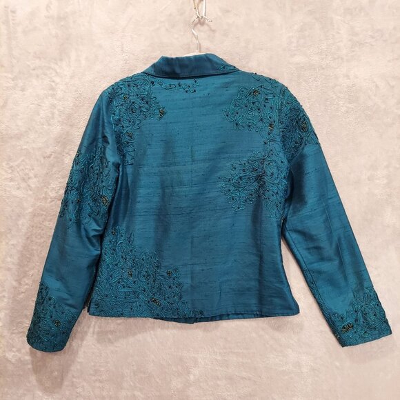 VTG Spiegel Womens S Turquoise Silk Jacket Beads Metallic Stitching Formal Party - Picture 2 of 16